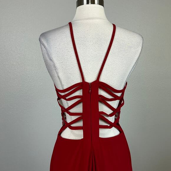 Red Backless Evening Gown Size 10 Nightway Cut Out Thigh Slit Long Formal Dress - Picture 9 of 13